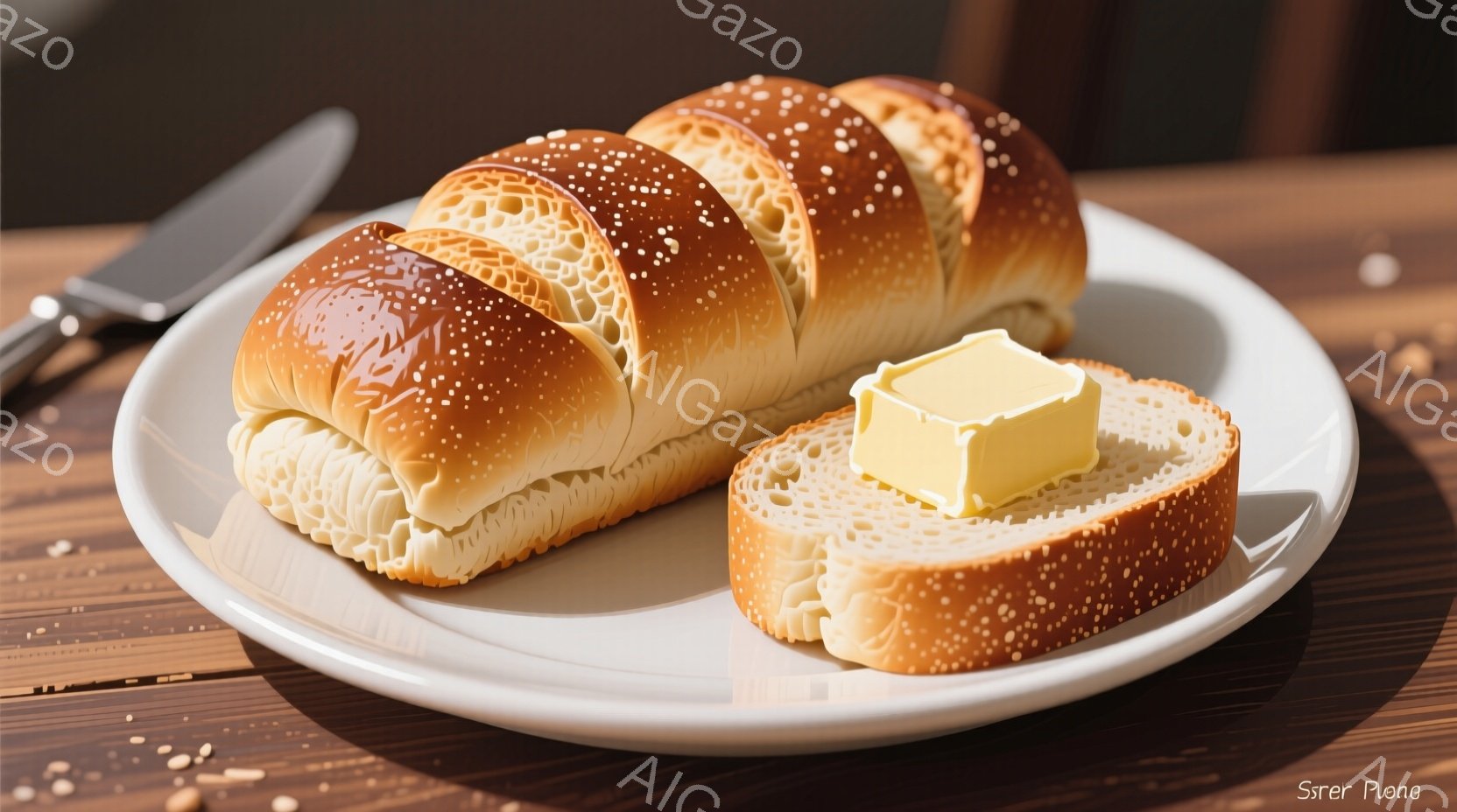 白い皿の上に、切り分けたパンが並べられており、その一つには黄色のバターが乗せられている。パンは表面に小さな気泡があり、焼き色がついており、美味しそうに見える。背景は木製のテーブルで、パンの温かさと素朴な雰囲気を引き立てている。