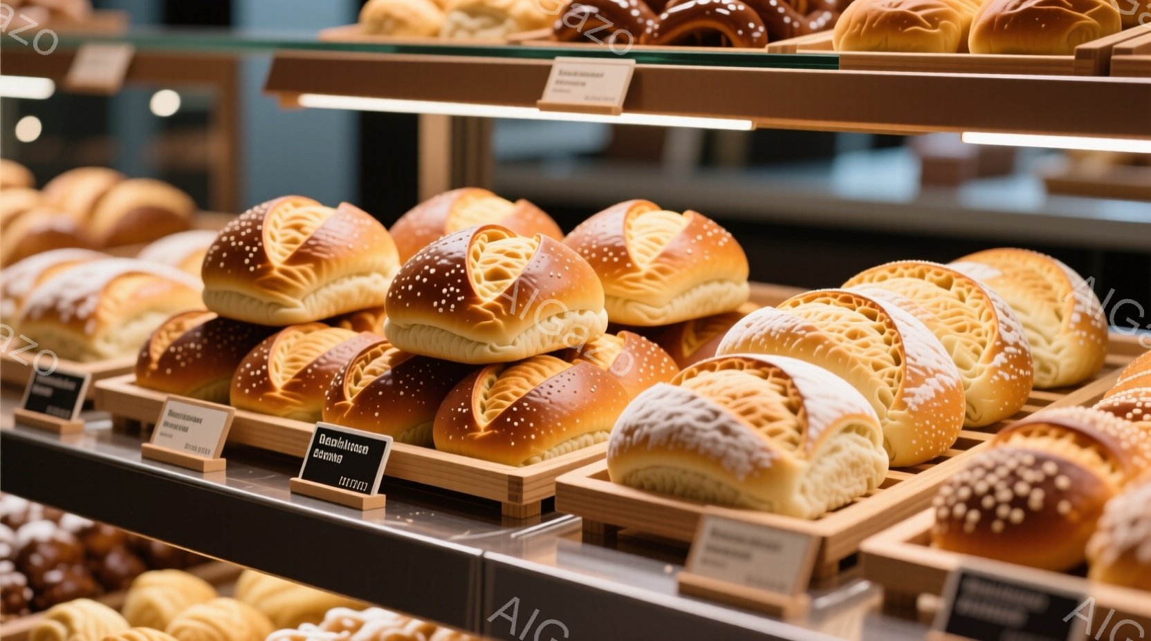 木製の小さな台に並べられた、焼き色のついたパイのようなパンが多数写っています。パンはそれぞれ、上部に複雑な模様が描かれており、まるで花びらのように見えます。背景には、ぼやけた店内の様子が見え、全体的に温かく、食欲をそそる雰囲気が漂っています。