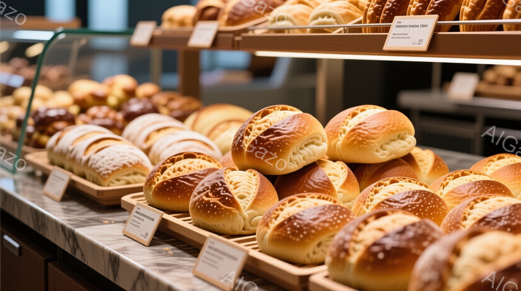 パン屋のショーケースに並べられた様々な種類のパンを捉えています。特に目立つのは、表面に美しい模様が施された、丸くて黄金色のパンで、所々に黒ごまが散りばめられています。背景には、他のパンもわずかに見え、全体的に温かみのある、食欲をそそる雰囲気が漂っています。