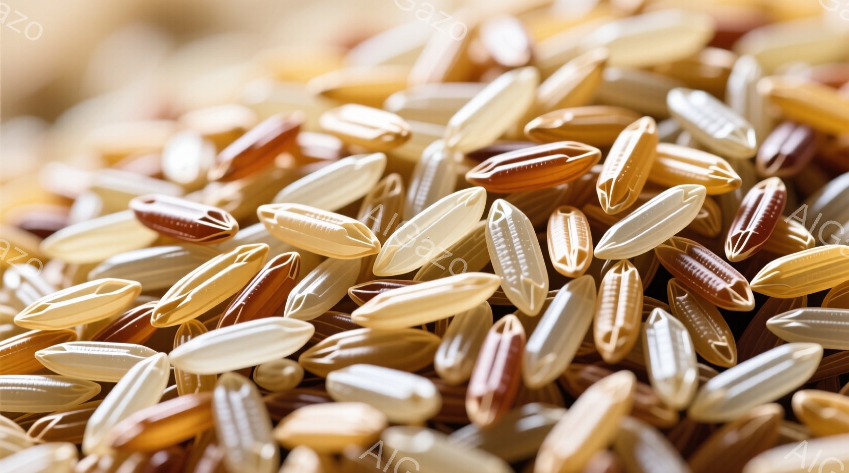 画面には様々な色の玄米が密集して写っています。茶色、白、そして赤みがかった玄米が混ざり合い、粒一つ一つがはっきりと見えるように焦点が合っています。全体的に、自然な色合いと質感で、健康的な食生活を連想させる温かい雰囲気です。