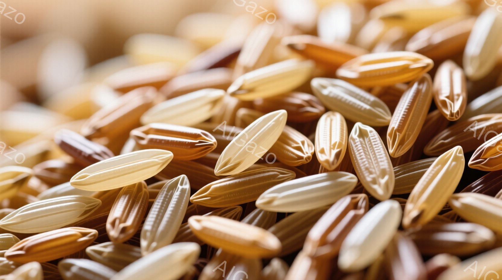 画像は茶色やベージュ色の籾米が密集して写っています。それぞれの籾米は滑らかで光沢があり、微妙な色のグラデーションが確認できます。全体的に暖かく、自然な雰囲気を醸し出しており、収穫の季節を想起させます。