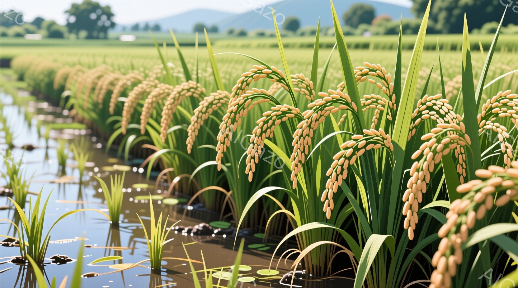 黄金色に輝く稲穂が水田一面に広がり、緑豊かな植物が生い茂っている様子が描かれている。水面には水草が点在し、遠景にはぼんやりとした山々が連なっている。穏やかな晴天で、自然の恵みと静けさを感じさせる光景だ。