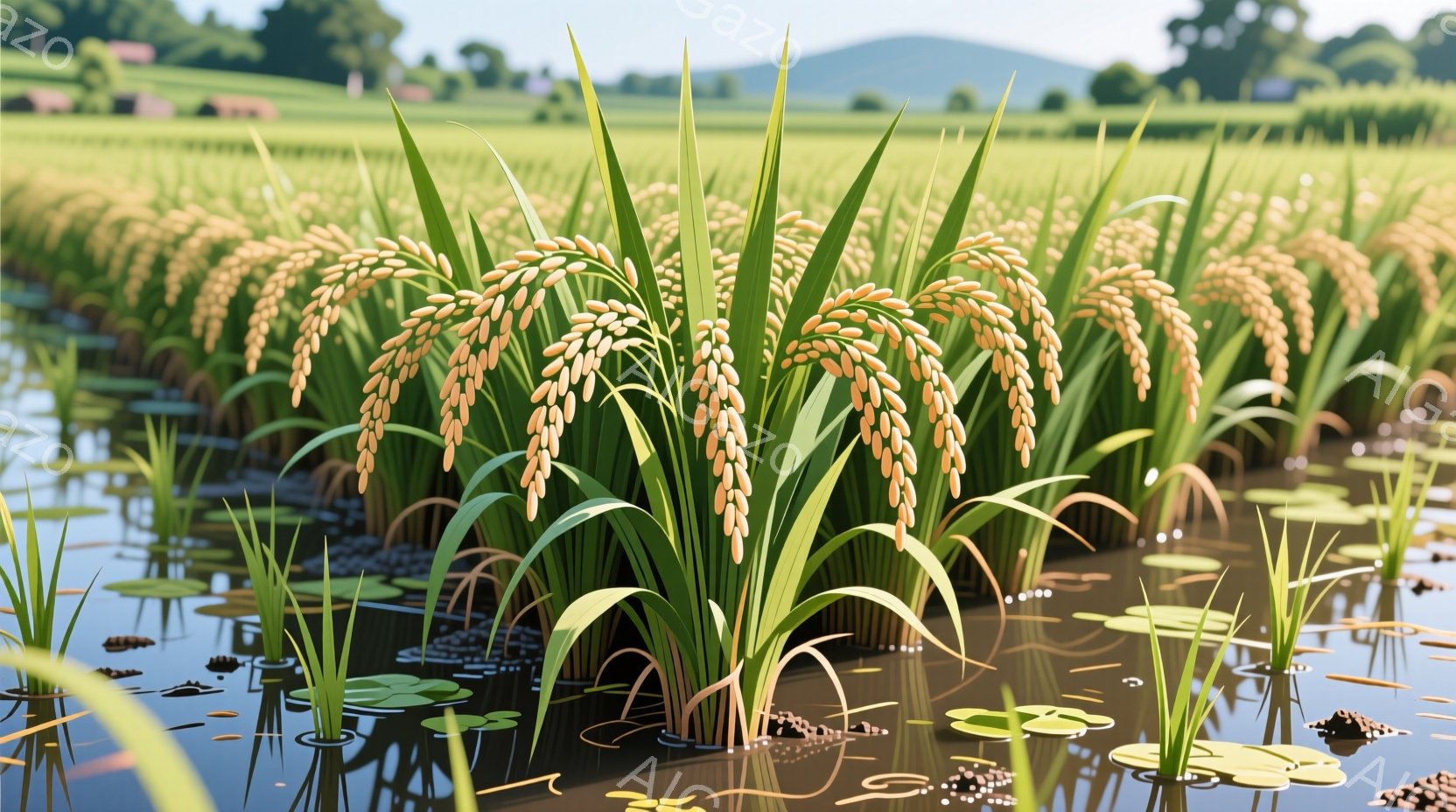 稲穂が水田に広がり、黄金色に輝いている様子が描かれている。水面には緑の睡蓮の葉が浮かび、遠景には緑豊かな丘と山々が見える穏やかな風景だ。全体的に、豊穣で静寂な田園の雰囲気が感じられる。