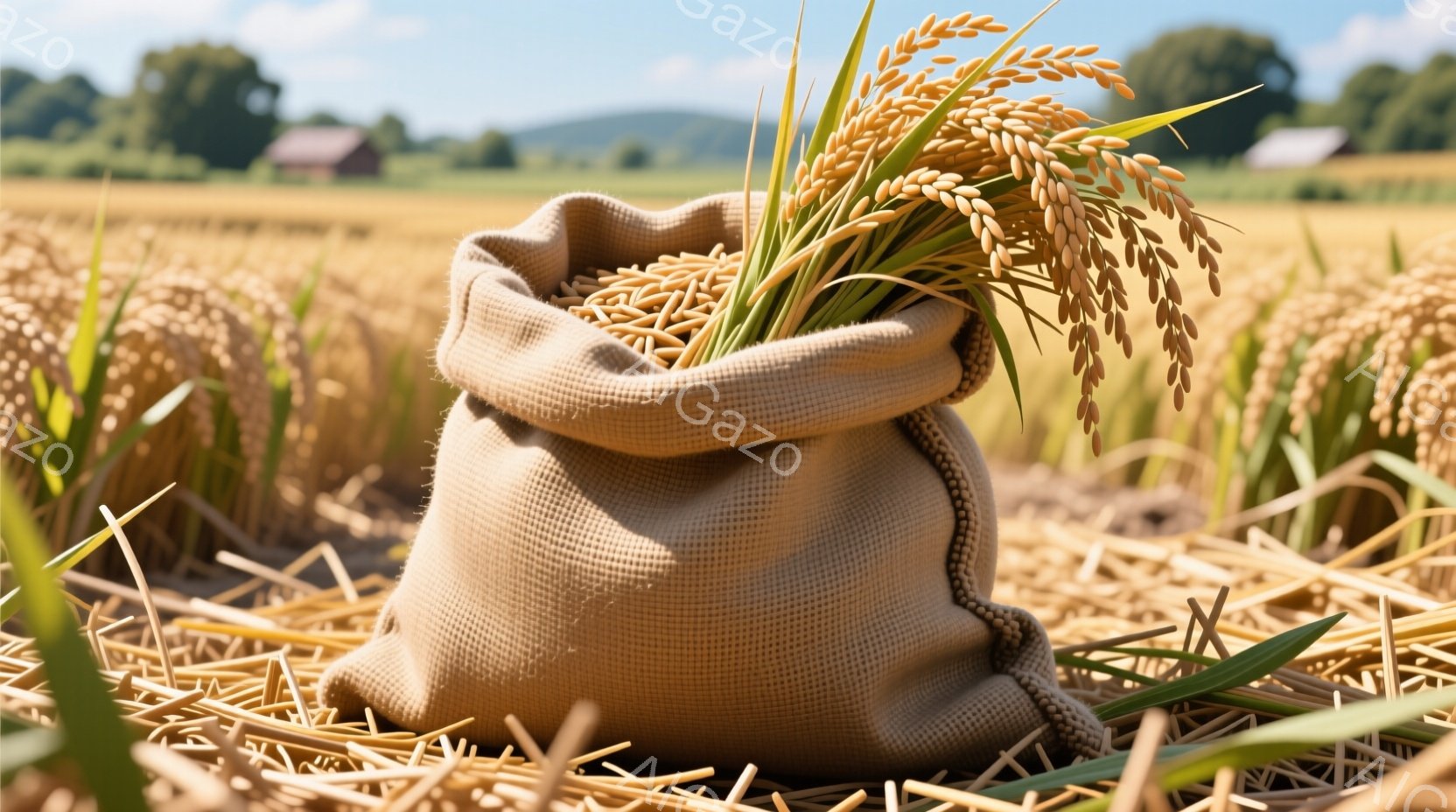 黄金色の稲穂が、粗い麻袋の中に豊かに収穫され、その一部が袋から溢れ出している様子が写っている。背景には、同じように黄金色に輝く稲畑が広がり、遠くには緑の丘と建物が見える晴れた日の風景だ。全体的に、豊かな収穫の喜びと、自然の恵みを感じさせる温かい雰囲気である。