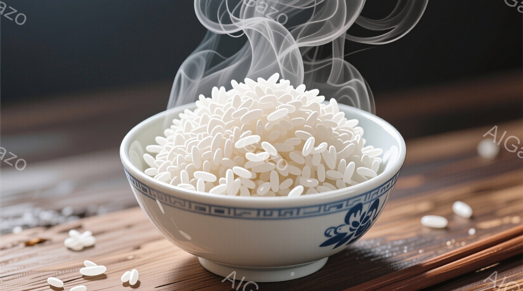 白いご飯が、青い模様の入った丸い茶碗に盛られています。湯気が出ており、炊きたてのご飯であることがわかります。茶碗の下には木製のテーブルがあり、数粒の米がこぼれています。