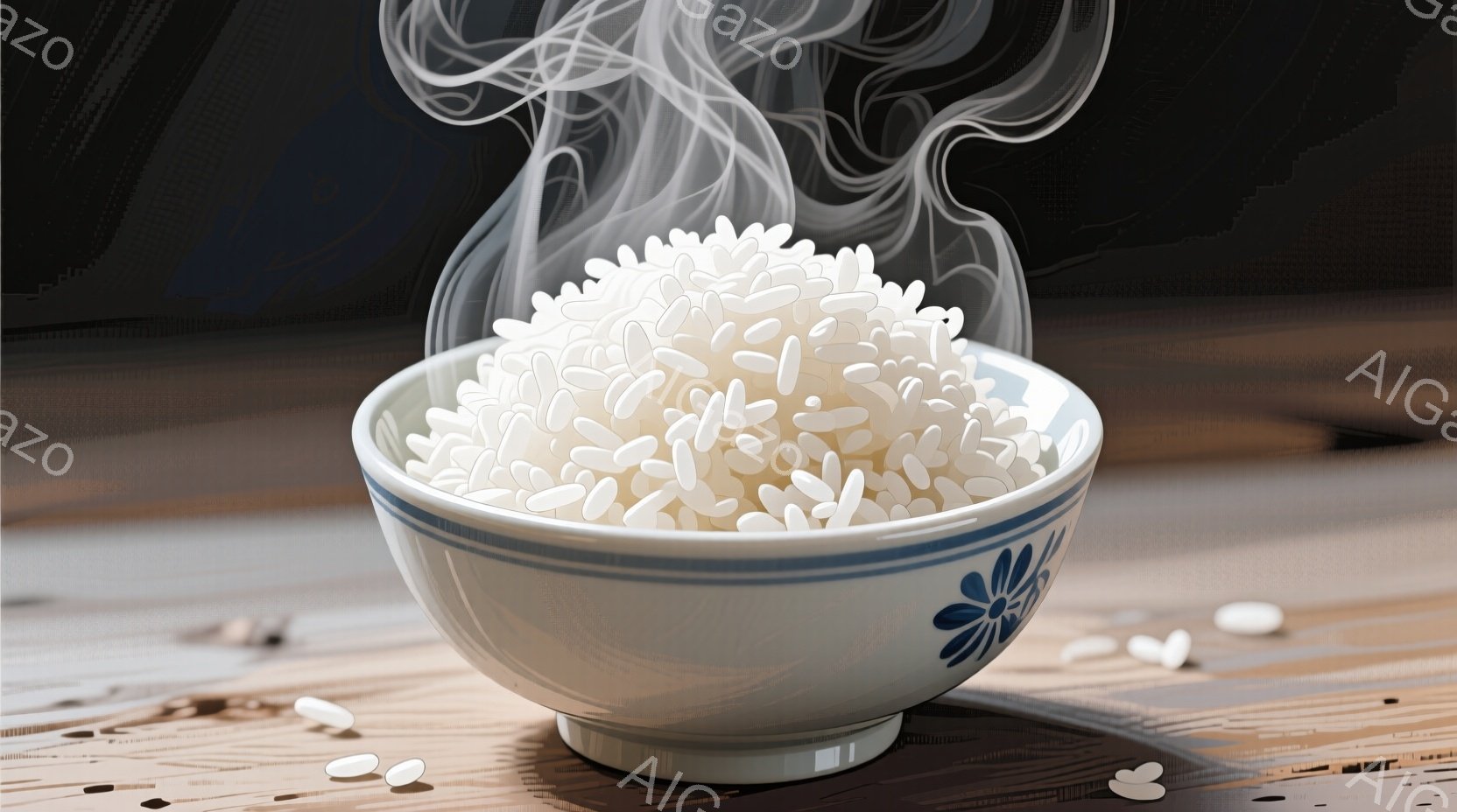 白いお茶碗に湯気が立ち上る炊き立てのご飯が盛られています。お茶碗には青い花柄が描かれており、テーブルの上にはこぼれたご飯粒がいくつか見えます。暖かく家庭的な雰囲気を醸し出しており、シンプルながらも食欲をそそる一枚です。