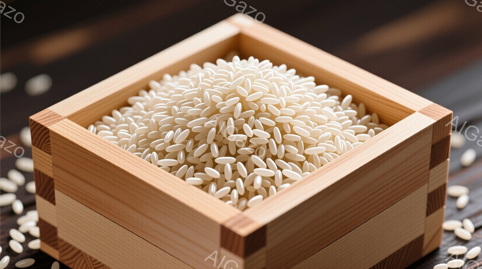 木製の枡の中に白米がたっぷり入っている様子が写っています。枡は伝統的な和のデザインで、米との組み合わせが日本の食文化を感じさせます。背景は暗い木目調で、米の白さが際立っています。