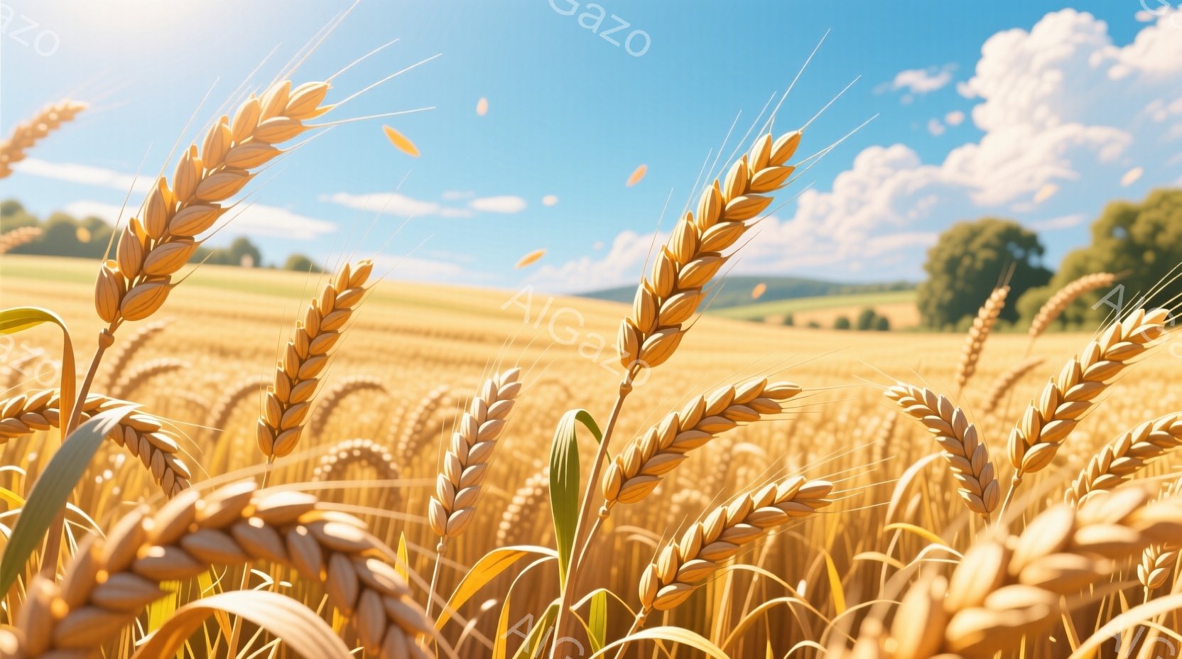 広大な麦畑が写っており、黄金色に輝く麦穂が手前に大きく写っている。背景には緑の丘と青空、そして白い雲が広がり、夏の穏やかな日差しが感じられる。全体的に暖かく、平和な雰囲気が漂う美しい風景写真である。 - AI生成フリー素材