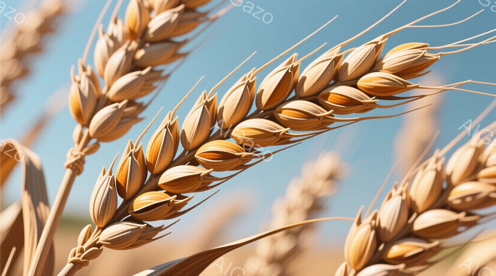 黄金色の麦穂が画面いっぱいに広がっており、強い日差しの中で穂が輝いている。背景にはぼやけた麦畑が広がり、晴れた空が青く見える。全体的に豊穣さと暖かさを感じさせる、平和で穏やかな雰囲気である。 - AI生成フリー素材