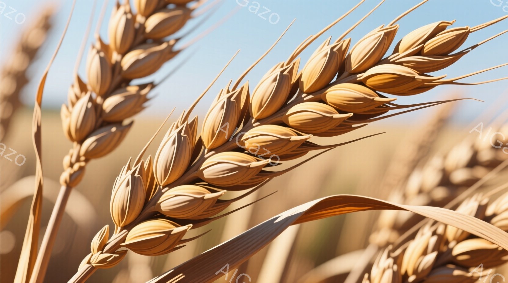 黄金色の麦穂が画面いっぱいに広がり、乾燥した夏の風景を思わせる。麦穂は太陽の光を浴びて輝き、豊かな実りをもたらす秋の訪れを感じさせる。背景にはぼんやりと麦畑が広がり、晴れた空が広がっている。 - AI生成フリー素材