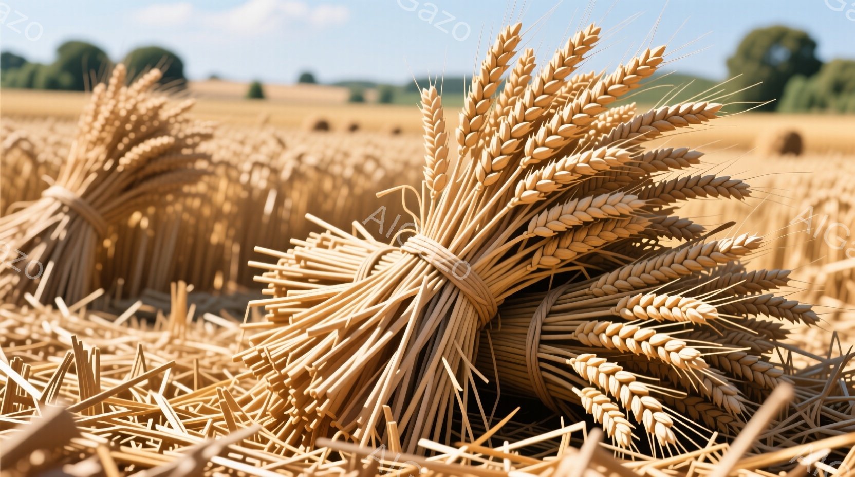 黄金色の小麦の束が、刈り取られた後の畑に整然と並んでいる。背景には、緑豊かな木々が見え、晴天の下、穏やかな田園風景が広がっている。乾燥した小麦わらは、夏の終わりに収穫されたばかりの豊かな実りの雰囲気を - AI生成フリー素材