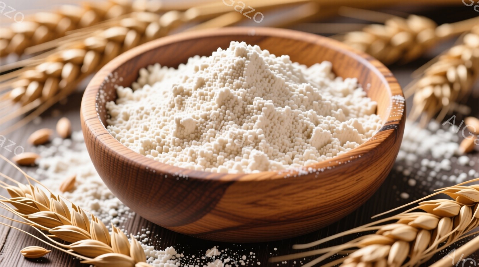 濃い木製のボウルに、丸い白い粒状のものが山積みに盛られています。ボウルは、茶色のざらざらとした表面のテーブルに置かれ、左右には金色の麦の穂が添えられています。全体的に暖かく、素朴な雰囲気で、食材や収穫を連想させます。