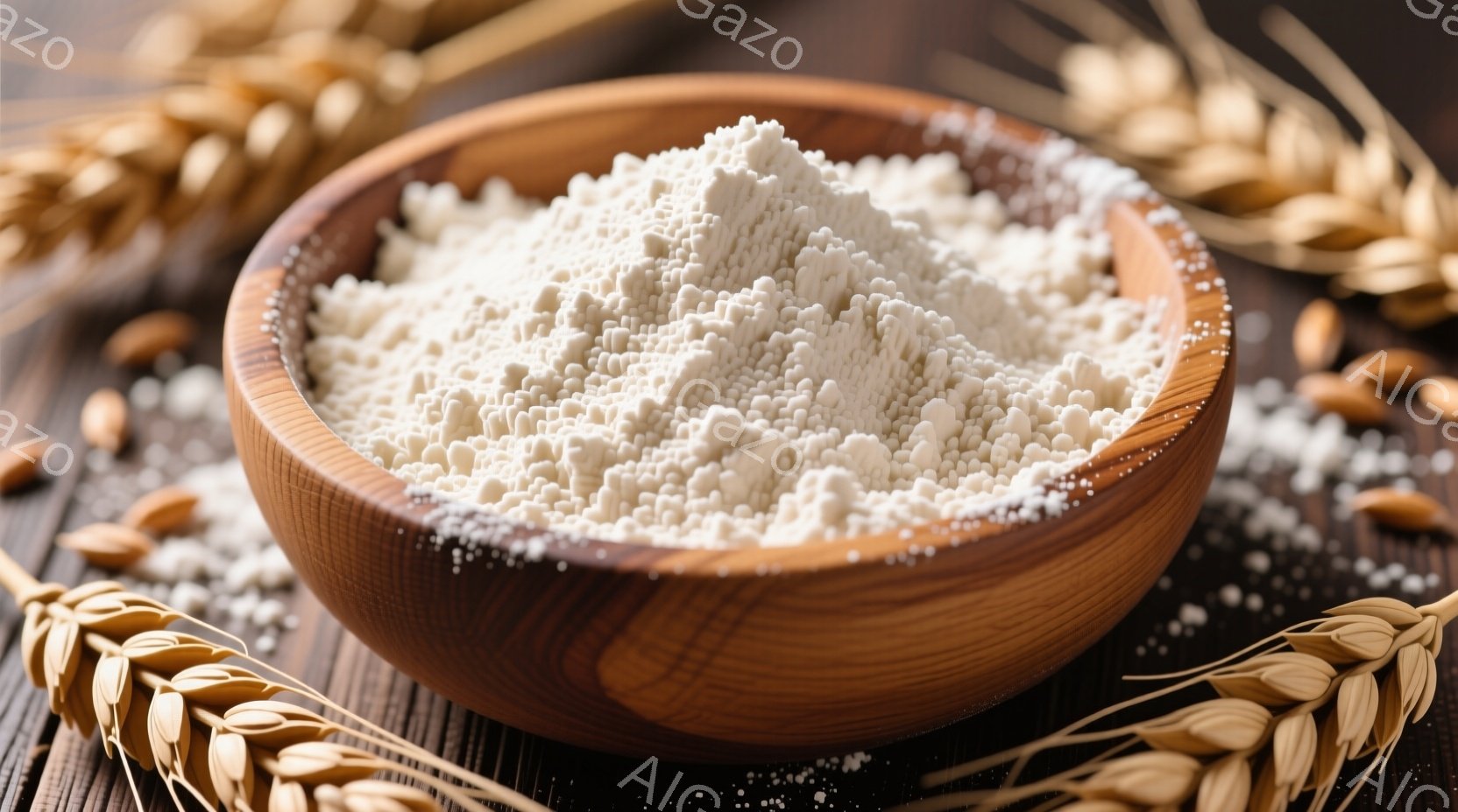 磨かれた木製のボウルに白い粉がたっぷり入っており、その周りには小麦の穂が添えられています。背景は濃い木目調のテーブルで、粉の一部がこぼれて点在しています。全体的に暖色系の色調で、素朴で自然な雰囲気を感じさせます。