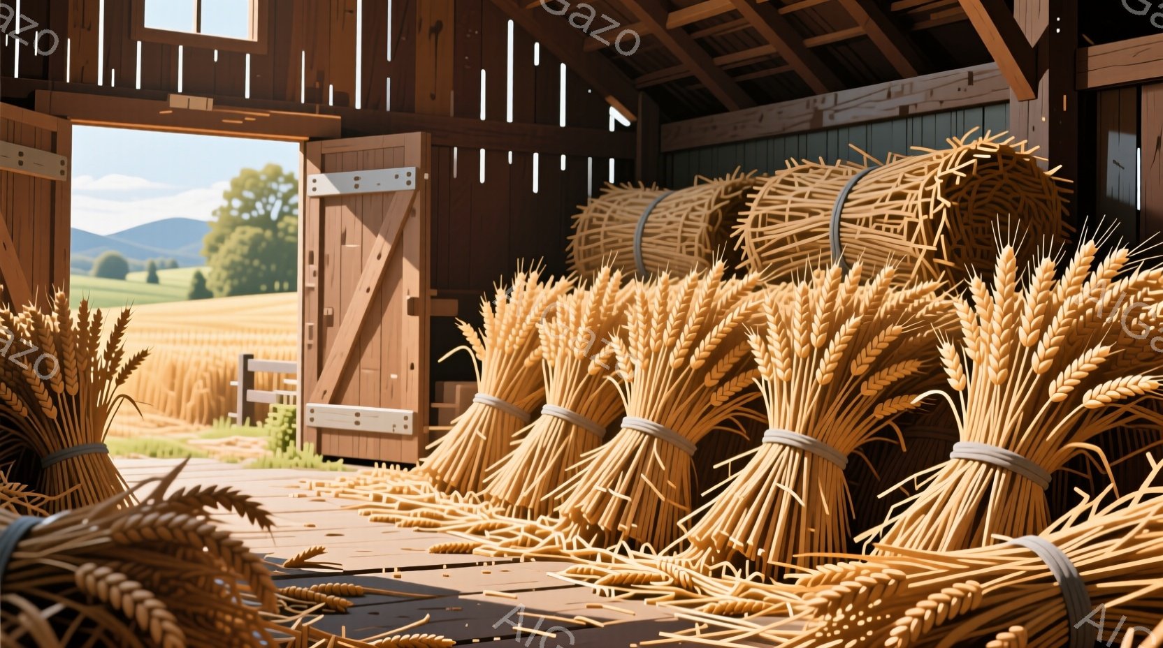 藁の束が納屋の中に積み上げられており、黄金色の収穫物が豊かさを感じさせます。納屋の奥には緑豊かな田園風景が広がり、晴れた空と自然の恵みを感じさせる穏やかな雰囲気です。木製の構造が温かみを添え、収穫の喜びを静かに表現しています。