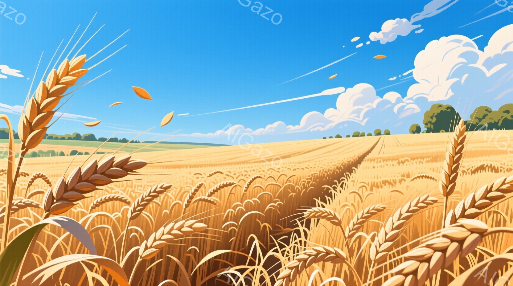 広大な麦畑が描かれており、金色の麦穂が風にそよぎ、生命力に満ち溢れています。遠くには緑の木々が見え、青空と白い雲が広がり、穏やかで平和な雰囲気が漂っています。麦畑の中央には、人が通ったと思われる道が伸 - AI生成フリー素材