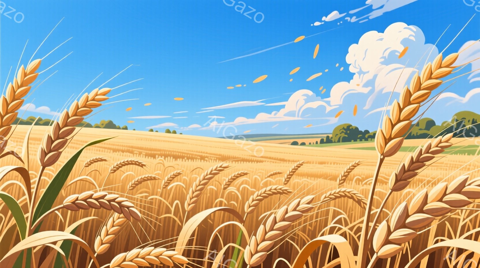 広大な小麦畑が広がり、黄金色の穂が風に揺れている。遠くには緑の木々が並び、青い空には白い雲が浮かんでいる。全体的に穏やかで平和な、夏の日の光景が表現されている。