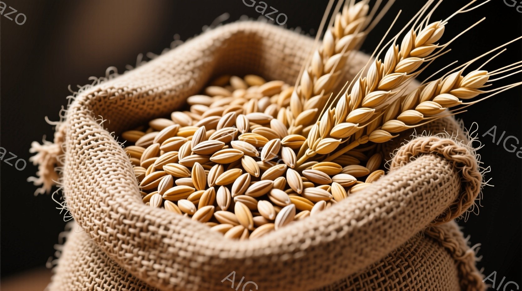 粗い麻袋の中に、黄金色の小麦の粒と穂がたっぷり詰め込まれています。袋の縁はひもで結ばれ、質感が強調されています。背景は暗く、小麦の温かみと豊穣さを際立たせています。