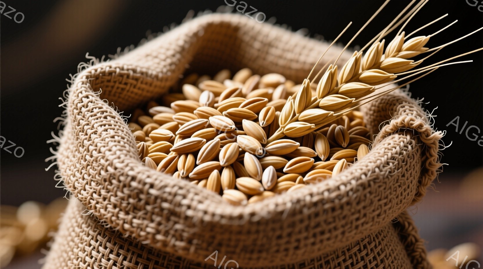 粗い麻袋の中に、黄金色の小麦の穂がぎっしりと詰まっている。袋の縁は少し崩れており、小麦の穂がいくつか飛び出している様子が捉えられている。背景は暗く、小麦の暖かさが際立ち、収穫の豊かさを感じさせる落ち着いた雰囲気である。