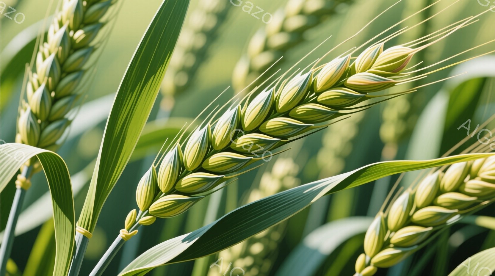 黄金色に輝く麦穂が画面いっぱいに広がっており、緑色の葉が周囲を縁取っています。麦穂は成熟し、豊かな実りを思わせる力強い存在感を放ち、背景はぼやけた緑色で、麦畑の広がりを感じさせます。 全体として、暖かく穏やかな夏の日の、豊穣な自然の恵みを表現した写真です。