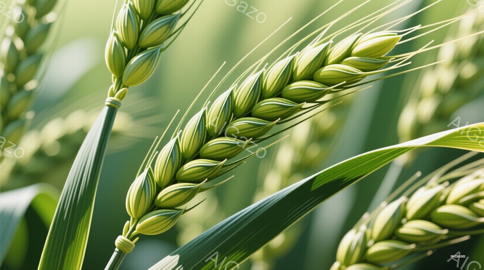 黄金色に輝く麦の穂が、画面いっぱいに広がっている。力強い緑色の茎が穂を支え、光を受けて鮮やかに映える。背景はぼやけており、麦畑の広がりと穏やかな日差しが感じられる、静かで穏やかな雰囲気の画像である。 - AI生成フリー素材