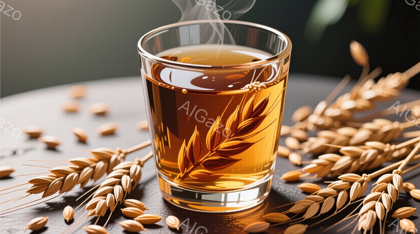 透明なグラスの中に琥珀色の液体が入っており、中には麦の穂の形をしたものが浮かんでいます。グラスの周りには、脱穀された麦粒と、いくつかの麦の穂が散りばめられており、暖かく穏やかな雰囲気を醸し出しています。背景は暗い木目調で、液体から立ち上る湯気も確認できます。