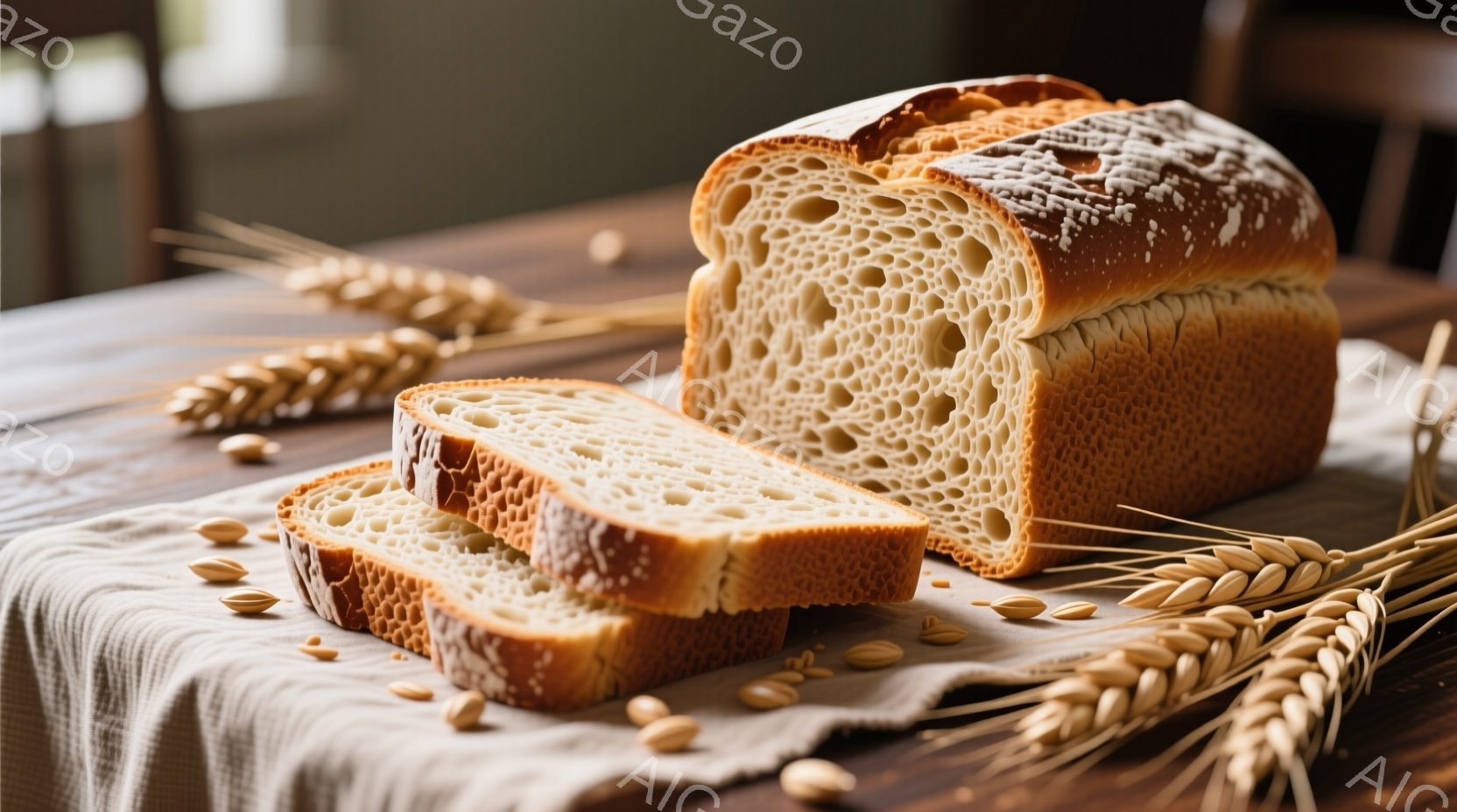 木製のテーブルの上に置かれた、焼きたてのパンが写っています。パンは薄くスライスされており、ふっくらとした食感と美しい気泡が特徴的です。背景には小麦の穂とパンの種が散りばめられ、素朴で温かみのある雰囲気を醸し出しています。