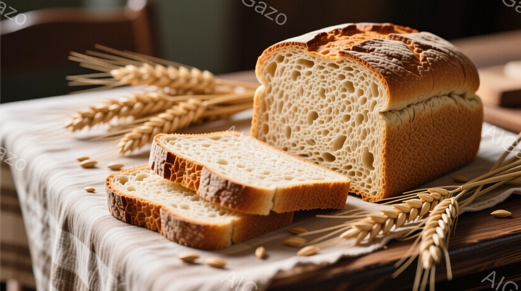 焼きたてのパンが、粗く織られたリネンの上に置かれています。パンは一部が切り取られ、中身のきめ細やかな構造が露わになっています。背景には小麦の穂が添えられ、パンの原料を連想させ、素朴で温かい雰囲気を醸し出しています。