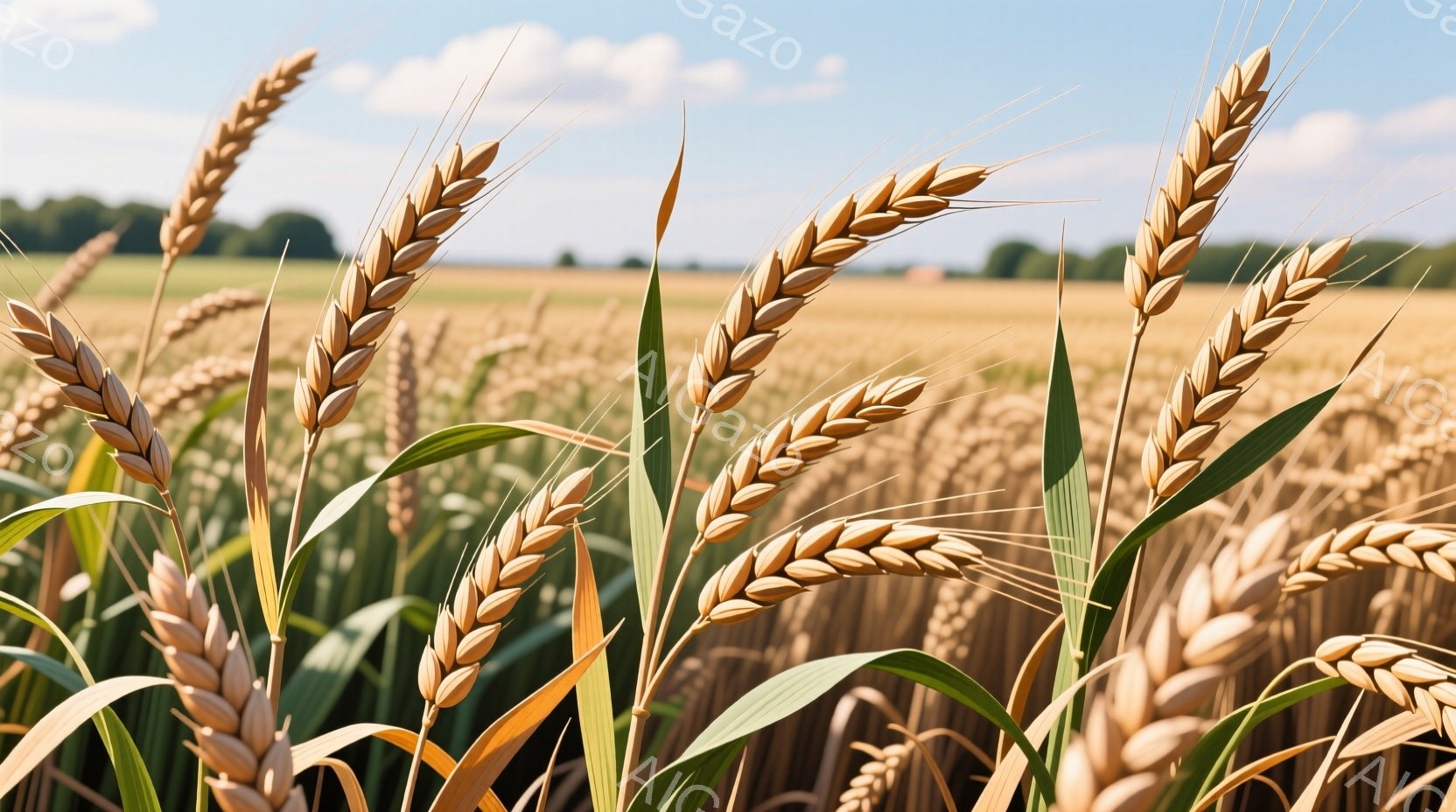 広大な小麦畑が広がっており、黄金色に輝く小麦が密集して咲き誇っています。手前には鮮やかな緑色の葉と実がはっきりと捉えられ、背景にはぼやけた緑の木々や遠くの建物が見えます。晴れた空と明るい日差しが、豊穣で穏やかな田園風景を表現しています。