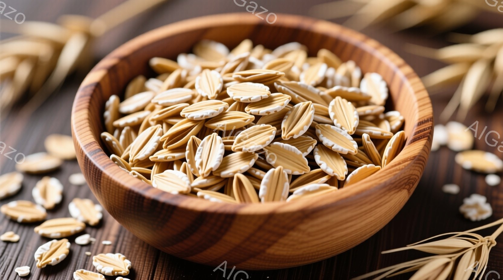 茶色い木製のボウルにオートミールが山積みにされています。ボウルとその周囲の木製表面には、散らばったオートミールが確認できます。背景には、かすかに小麦の穂が配置され、全体的に素朴で健康的な雰囲気を醸し出しています。