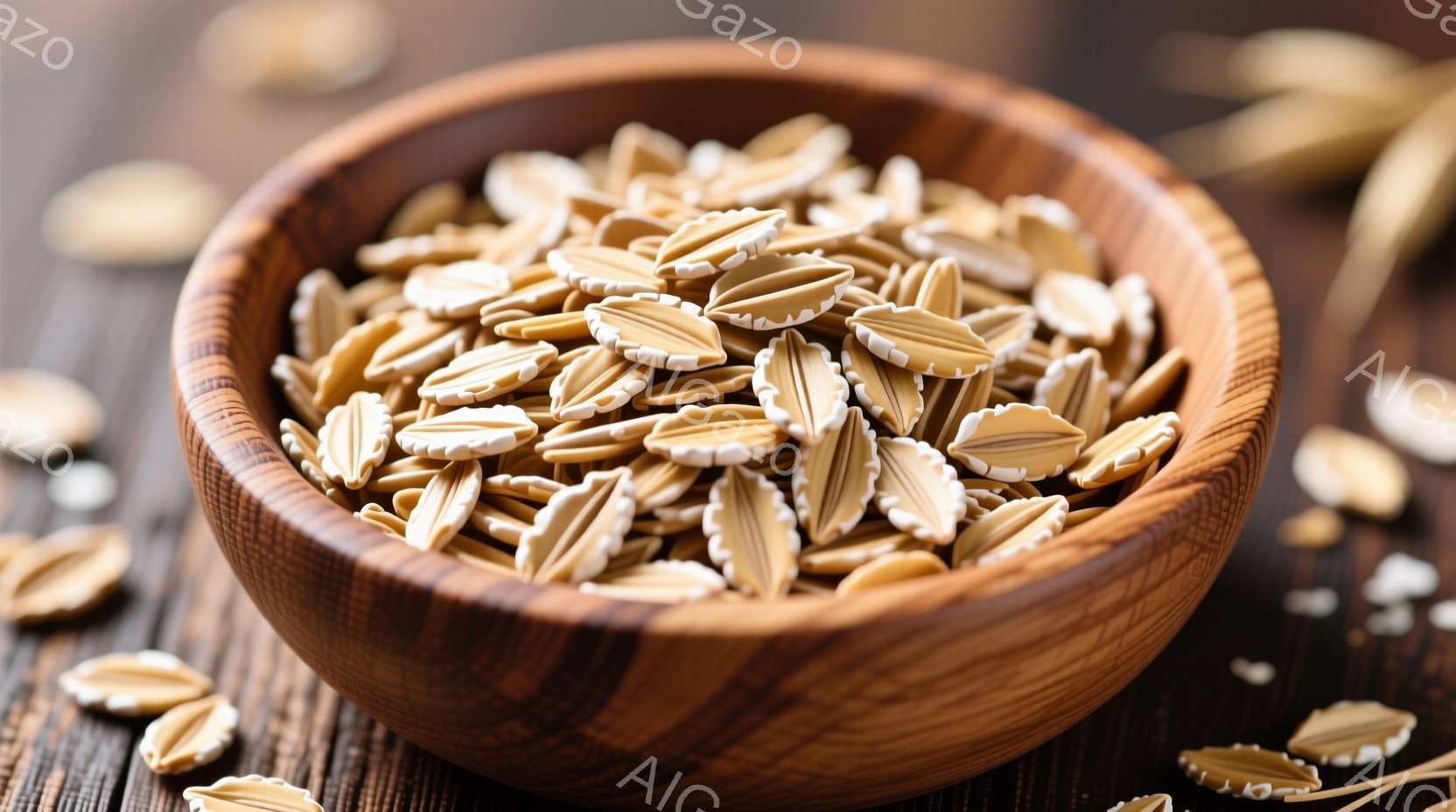 金属製のトレイの中に、様々な種類のシリアルが散らばっています。丸いパフ、小さなリング状のシリアル、そして扁平なオーツ麦フレークが混ざり合い、色鮮やかな模様を作り出しています。トレイの端には、麦の穂が添えられており、穀物の自然なイメージを強調しています。