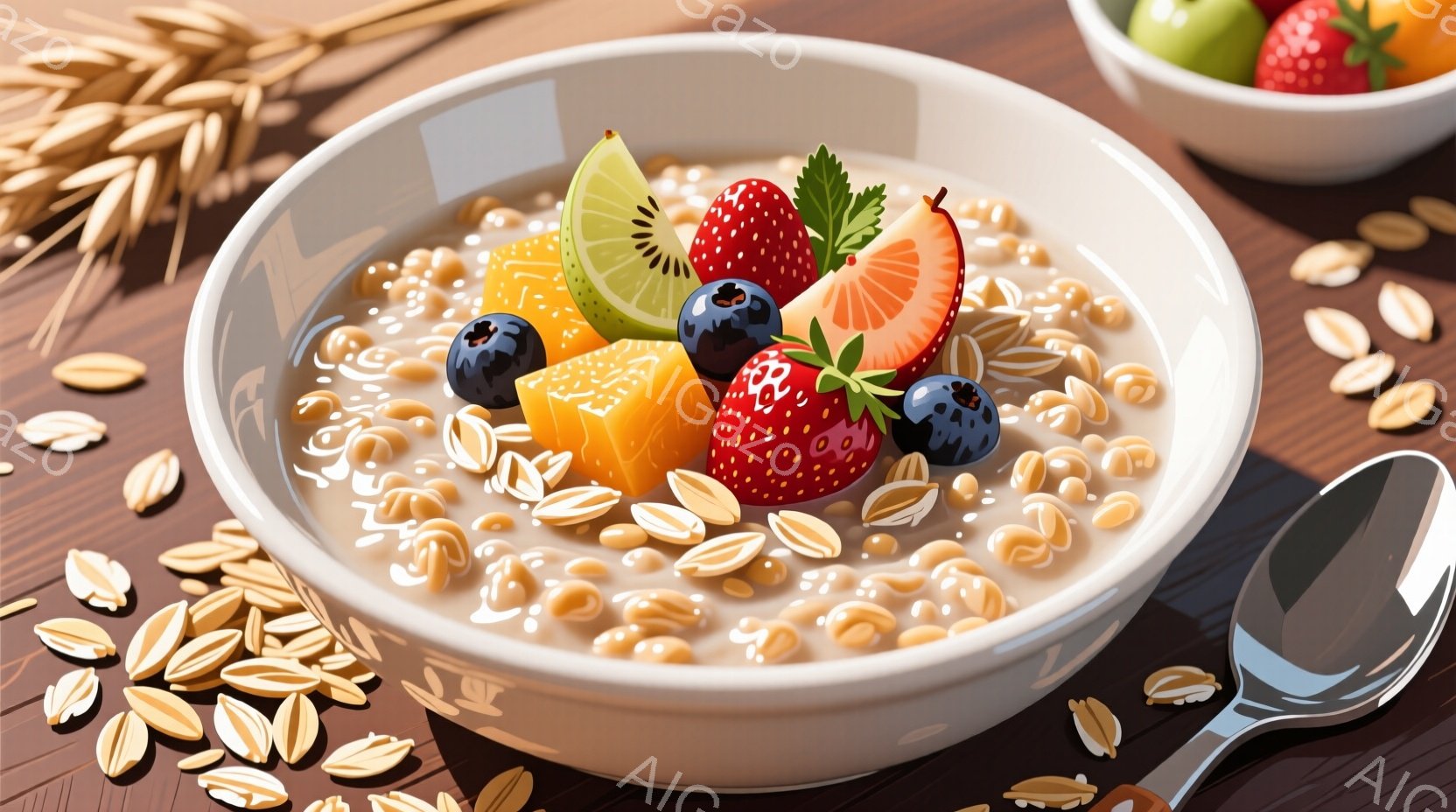 白いボウルに、様々なフルーツとシリアルが盛られています。イチゴ、ブルーベリー、キウイ、マンゴーなどが彩り豊かに並べられ、健康的な朝食を連想させます。背景には、小麦の穂やスプーンが配置され、自然な雰囲気を醸し出しています。