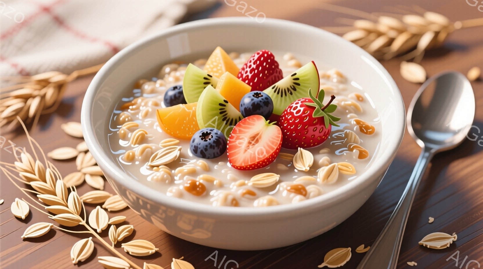 白いボウルに、シリアルと様々なベリー類（イチゴ、ブルーベリー、キウイ）が盛り付けられています。背景は木目調のテーブルで、ボウルの周りには小麦の穂が散りばめられており、健康的で自然な雰囲気を醸し出しています。鮮やかなフルーツの色がシリアルの白さを引き立て、食欲をそそる様子が伺えます。