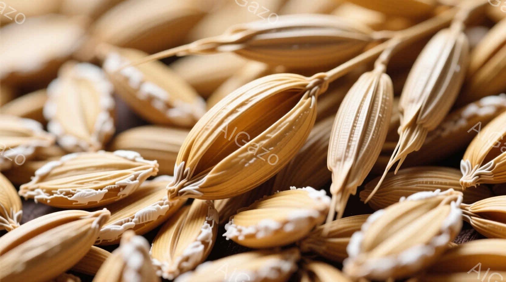 黄金色の麦の穂が密集して写っている。それぞれの穂は細長く、先端が白く、まるで絹糸のような繊細な毛で覆われている。背景は暗く、麦の穂の鮮やかな色合いが際立っており、豊穣な秋の収穫を思わせる暖かく穏やかな雰囲気である。