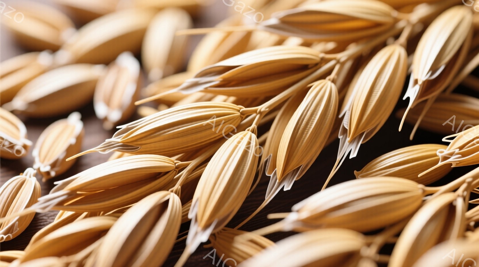 黄金色の麦の穂が密集して写っており、乾燥した質感と繊細な構造が際立っている。穂は少しずつ向きを変え、光の当たり方によって陰影が生まれ、奥行きを感じさせる。背景は濃い木目調で、穂の色彩をより一層引き立てている。