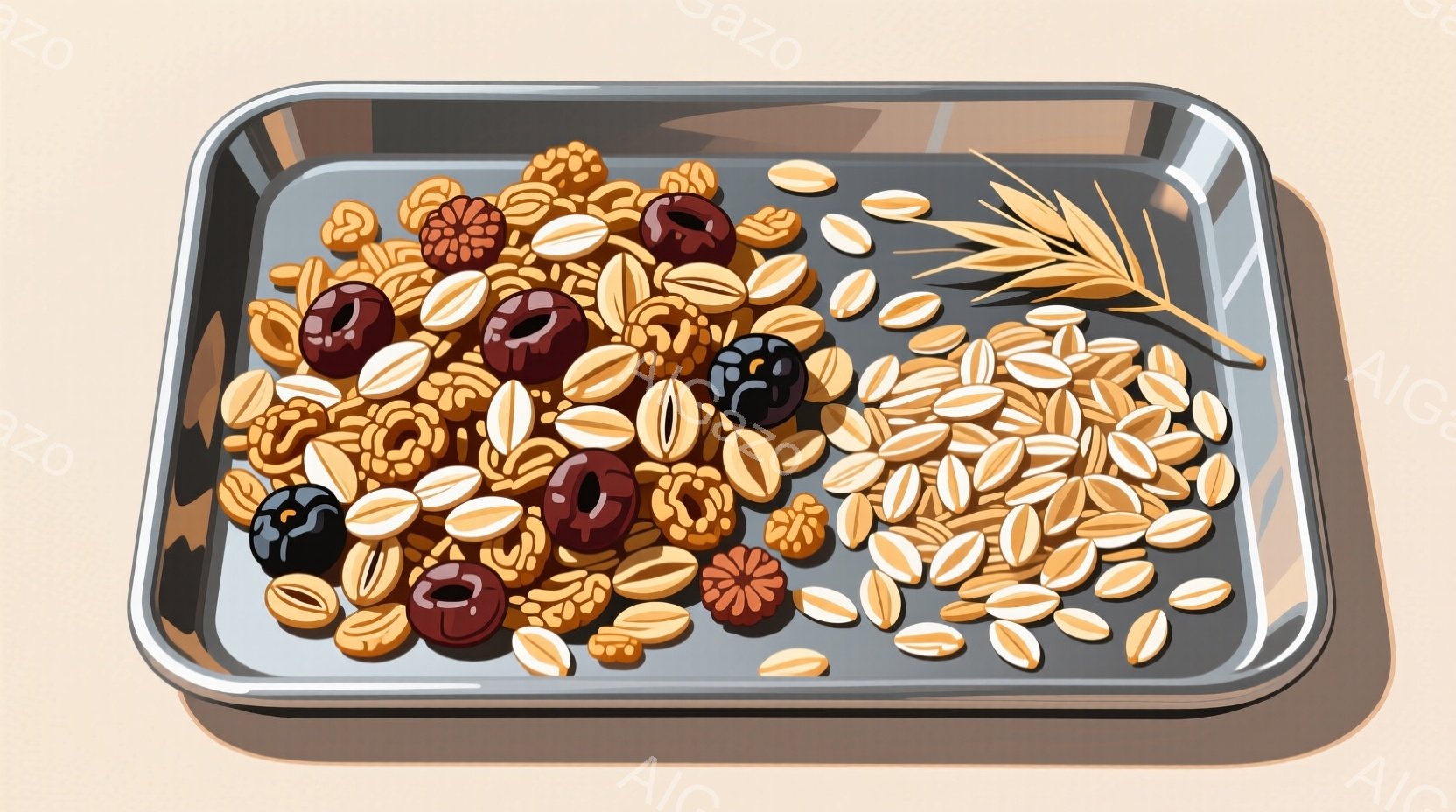 画像は金属製のトレイに様々なシリアルが盛り付けられています。赤色、茶色、金色の小さな粒状のシリアルが混ざり合い、全体的にカラフルで食欲をそそる様子です。トレイの隅には小麦の穂が添えられ、シリアルの原材料を連想させます。