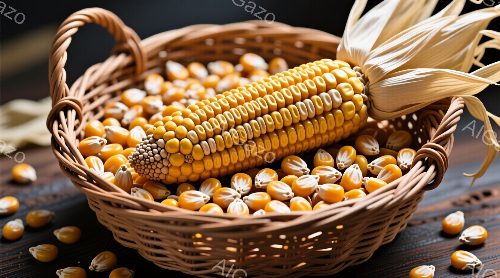 籠の中に黄色いトウモロコシがいくつか入っており、その周りには殻をむいたトウモロコシの粒が散らばっています。籠は茶色い木製のテーブルの上に置かれており、背景は暗く、全体的に暖かく、秋の収穫を思わせる雰囲気です。トウモロコシの鮮やかな黄色と籠の自然な色合いが、食欲をそそるシーンを作り出しています。