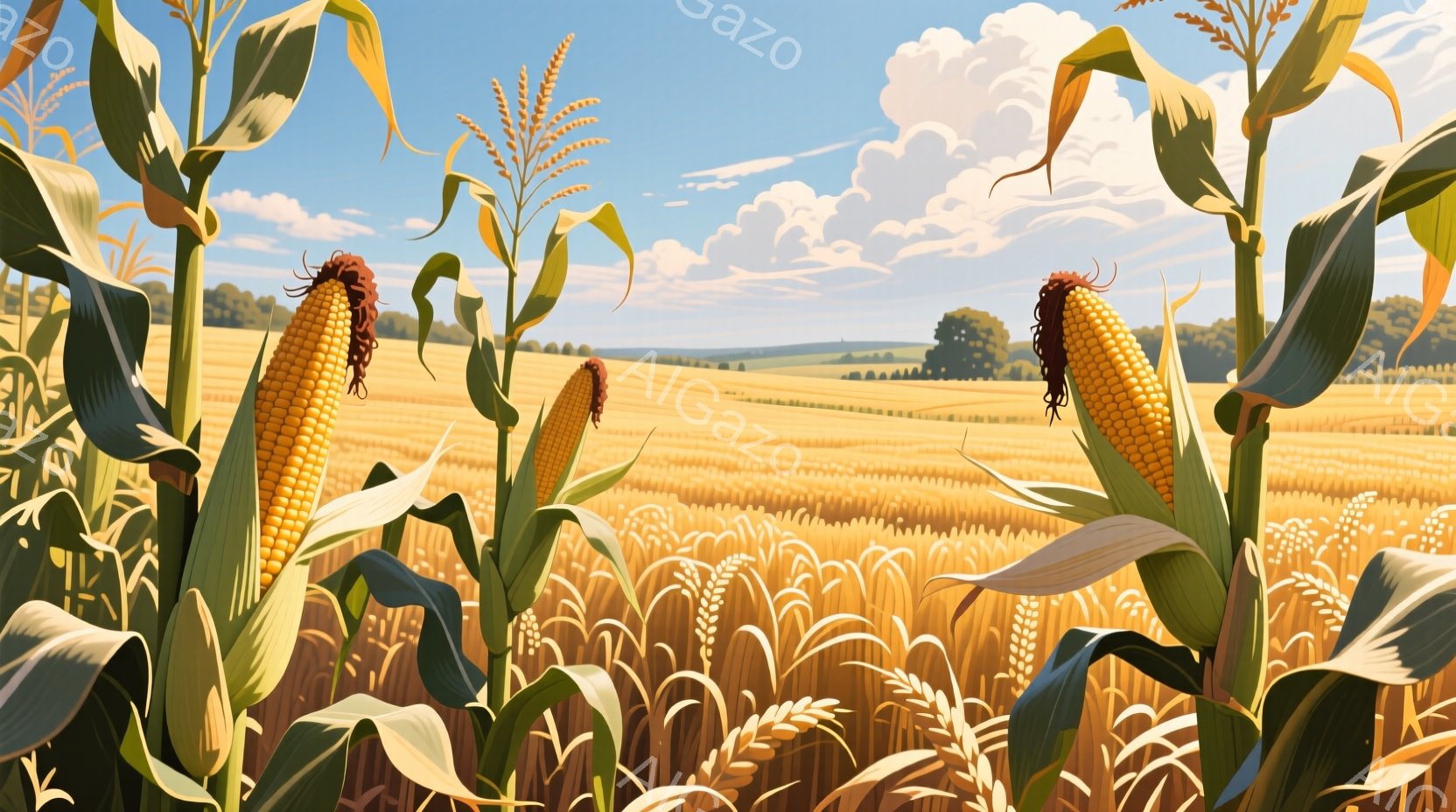 広大なトウモロコシ畑が広がり、手前の緑豊かなトウモロコシが前景を彩っています。背景には、遠くの緑豊かな丘陵地帯と、青空に浮かぶ白い雲が広がっており、晴れた日の穏やかな田園風景が広がります。全体的に、暖 - AI生成フリー素材