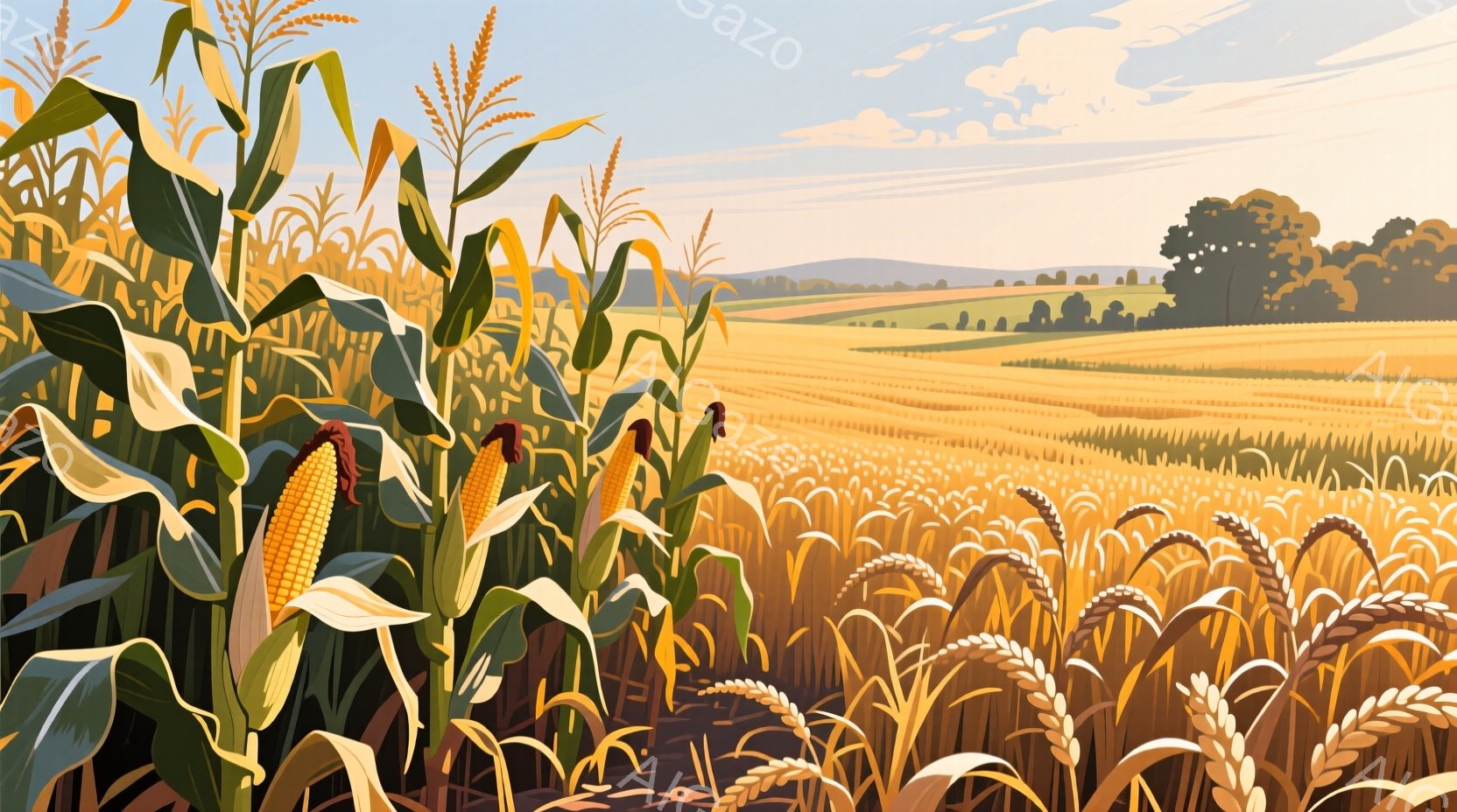 広大な小麦畑とトウモロコシ畑が描かれた風景画です。手前のトウモロコシは緑の葉に覆われ、実が大きく垂れ下がっています。遠景には、なだらかな丘陵と木々が広がり、明るい青空の下で暖かく穏やかな雰囲気が漂っています。