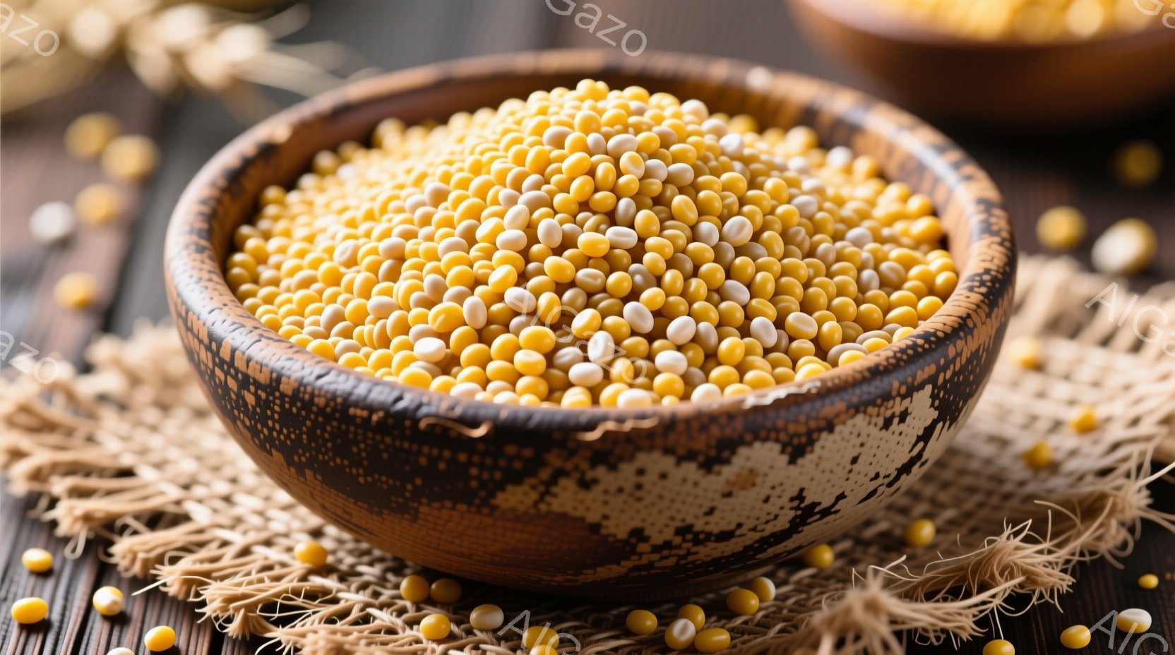 茶色い木製の器に、黄色と白色の豆が山のように盛られています。器の周りには、乾燥した藁のようなものが散らばり、背景には木目の見える濃い茶色の板があります。全体的に、素朴で自然な雰囲気で、収穫された豆の豊かさを感じさせます。