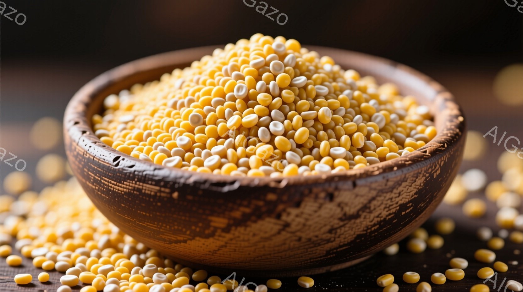 茶色い木製のボウルの中に、黄色と白の乾燥豆がたっぷり詰まっています。豆の一部はボウルからこぼれ出し、木製のテーブルの上に散らばっています。全体的に、暖色系の色調で、素朴で自然な雰囲気を感じさせます。 - AI生成フリー素材