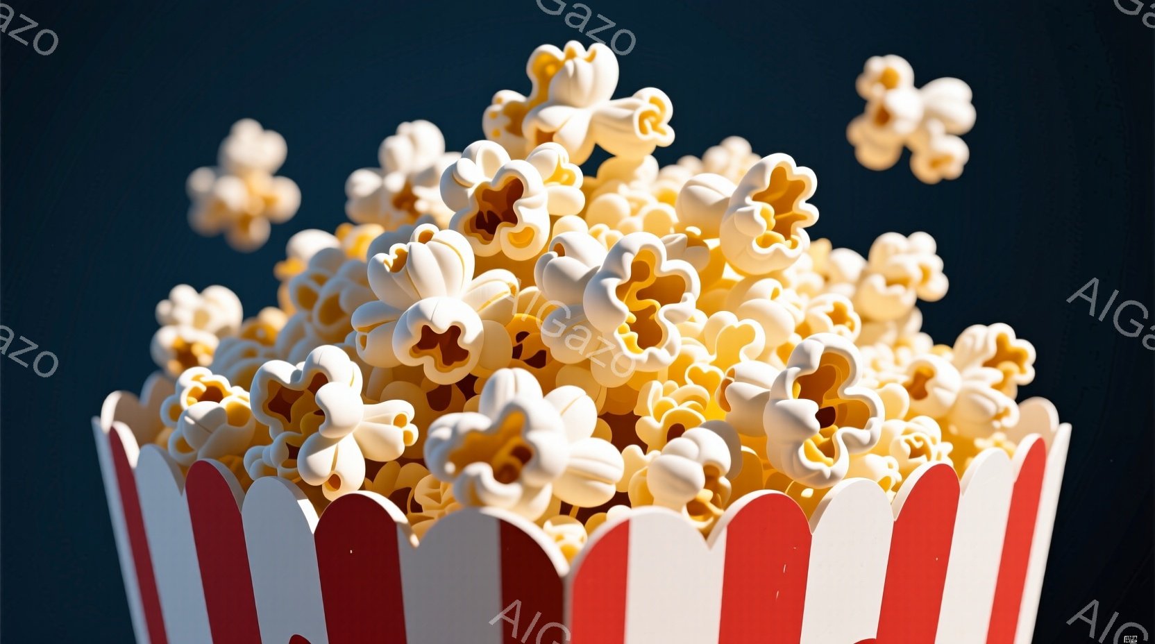 赤と白の縞模様のポップコーンボックスが画面を占め、中には熱々のポップコーンが山積みにされています。ポップコーンは様々な形をしており、一部はボックスから飛び出しています。背景は暗い青色で、ポップコーンの明るい色とのコントラストが際立っています。