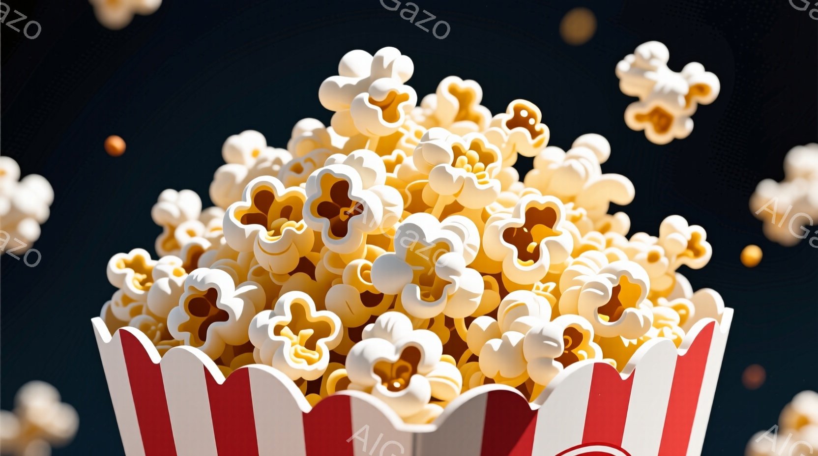 赤と白のストライプが特徴的なポップコーンの容器が画面いっぱいに広がっており、中にはバターのような色合いのポップコーンが山のように積み重なっています。いくつかのポップコーンは容器から飛び出し、暗い青色の背景に浮かんでいます。全体的に、楽しげで食欲をそそる雰囲気です。
