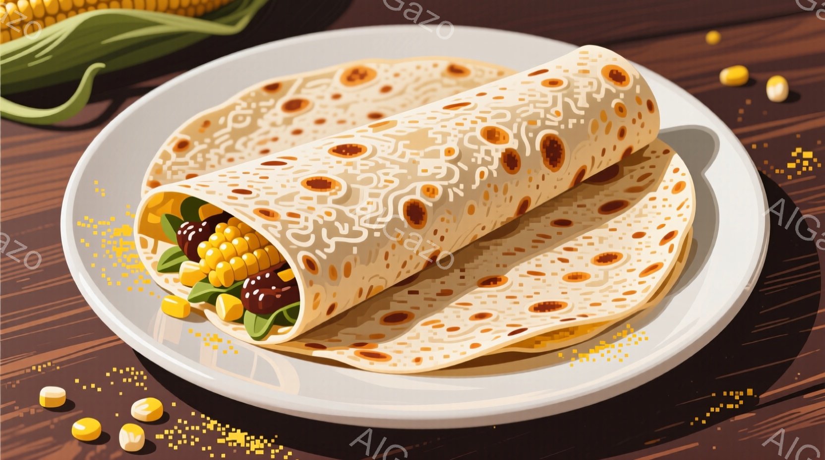 白い皿の上に、2つ巻き寿司のようなものが並んでいます。中にはトウモロコシや豆、茶色の具材が見え、トルティーヤで包まれています。背景にはトウモロコシの穂と、まばらに散らされた黄色い豆があり、全体的に暖色系の食欲をそそる雰囲気です。