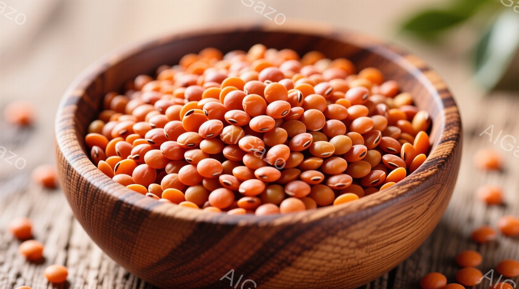 茶色い木製の器に、オレンジ色のレンズ豆が山のように盛られています。レンズ豆は丸みを帯びており、表面に小さな模様が見られます。背景は木製のテーブルで、レンズ豆がいくつかこぼれて散らばっています。