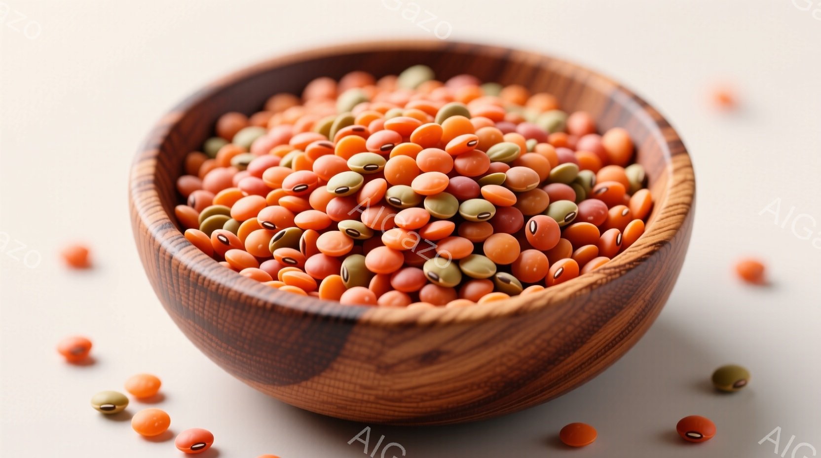 木のボウルにオレンジ色と緑色のレンズ豆が山のように盛られています。レンズ豆は少し光沢があり、ボウルの外側にも数個こぼれています。背景は淡いベージュ色で、全体的にシンプルでナチュラルな雰囲気が漂っています。