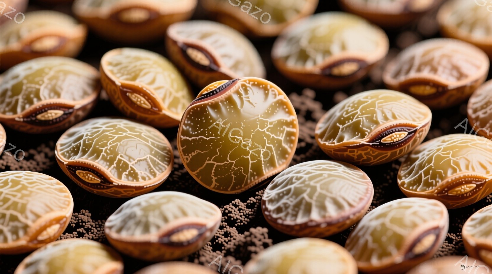 複雑な模様を持つ茶色の貝殻が密集して配置されたクローズアップ写真です。貝殻は滑らかで光沢があり、表面にはひび割れのような模様が広がっています。背景は暗く、貝殻の独特の模様と質感が際立っています。