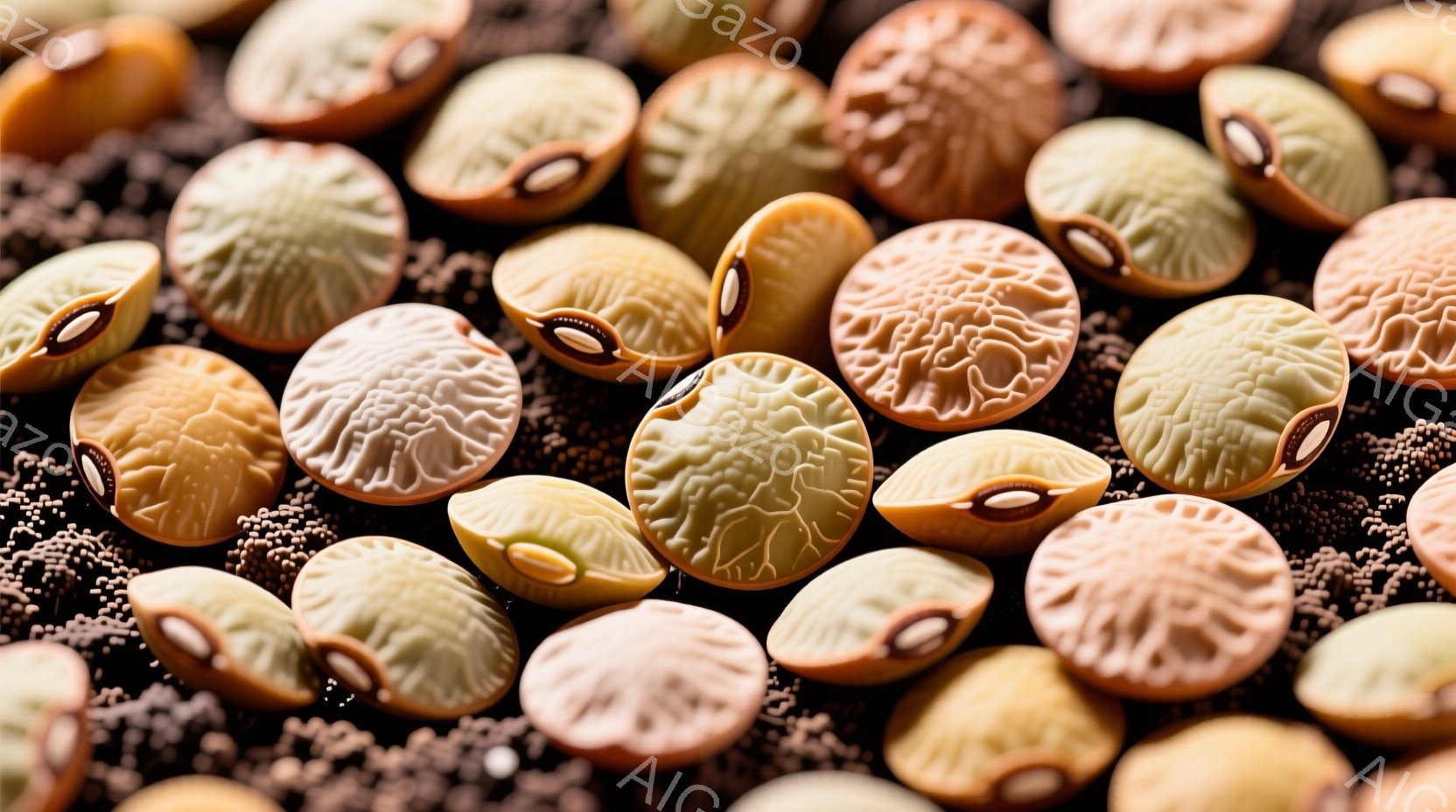 様々な色合いの豆が密集して写っています。淡い緑色、ピンク色、茶色など、それぞれの豆には独特の模様が刻まれており、まるで小さな彫刻のようです。背景は濃い茶色の粒状の物質で覆われており、豆の色合いを際立たせています。