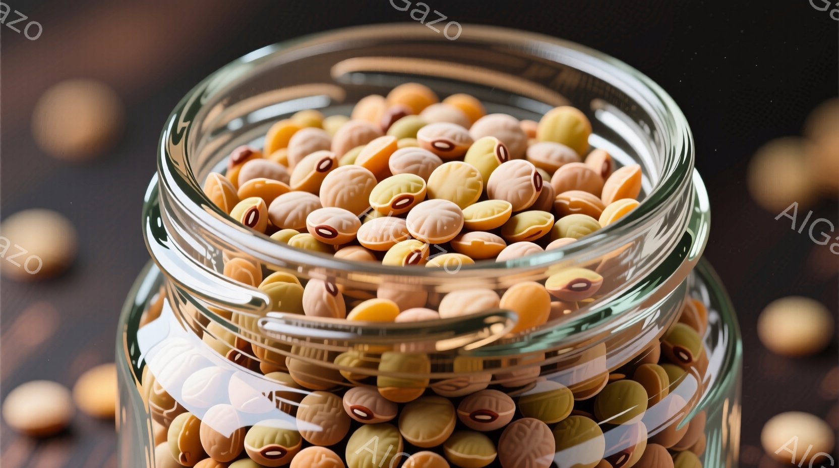 透明なガラス瓶が画像の中央にあり、中には茶色とクリーム色の斑点のある豆がぎっしりと詰まっています。瓶の周囲には、同じ豆が散らばっており、濃い色の木製表面が背景となっています。全体的に、豆のテクスチャと色のコントラストが強調された、シンプルな静物画のような雰囲気です。