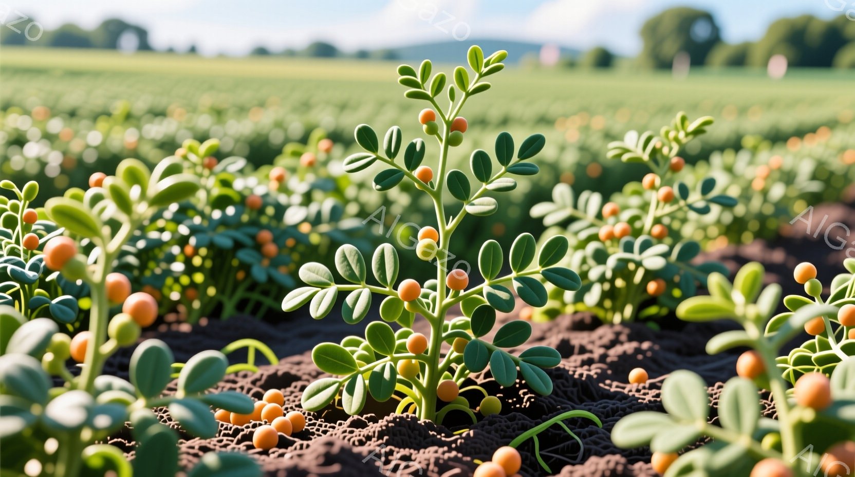広大な畑にオレンジ色の実をつけた植物が密集して生えている様子が写っている。土は茶色で、植物の緑とオレンジ色が鮮やかで、背景には緑の畑が広がり、遠くには丘が見える。全体的に明るく、穏やかな雰囲気で、豊か - AI生成フリー素材