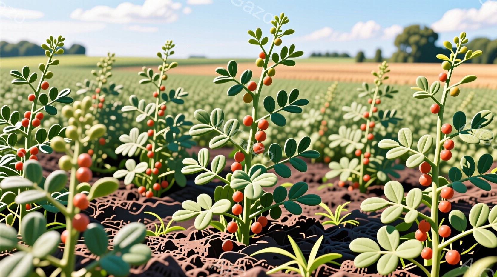 鮮やかな赤色の実をつけた植物が、茶色い土の畑一面に広がっている様子が描かれています。背景には、緑の木々と、遠くに見える畑が広がり、晴れた空の下、穏やかな雰囲気を醸し出しています。植物の葉は独特の形をしており、鮮やかな緑色が印象的です。